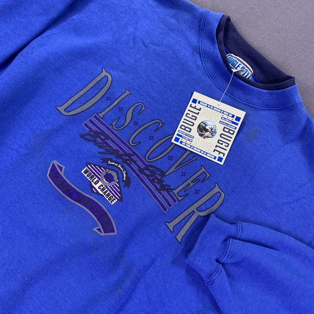 VTG Bugle Boy Sweatshirt Mens‎ Medium Blue Crewneck Graphic Discover 90s